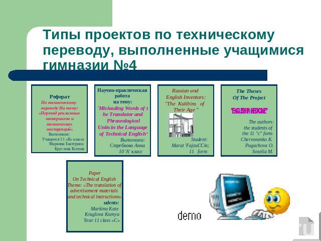 Типы проектов по техническому переводу, выполненные учащимися гимназии №4