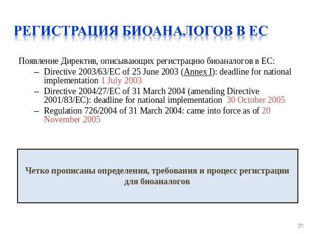 Регистрация биоаналогов в ес Появление Директив, описывающих регистрацию биоаналогов в ЕС:Directive 2003/63/EC of 25 June 2003 (Annex I): deadline for national implementation 1 July 2003 Directive 2004/27/EC of 31 March 2004 (amending Directive 2001…