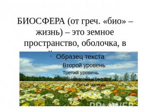 БИОСФЕРА (от греч. «био» – жизнь) – это земное пространство, оболочка, в которой