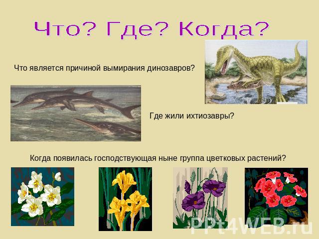 Что? Где? Когда?Что является причиной вымирания динозавров?Где жили ихтиозавры?Когда появилась господствующая ныне группа цветковых растений?