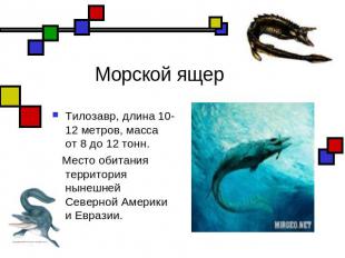 Морской ящер Тилозавр, длина 10-12 метров, масса от 8 до 12 тонн. Место обитания