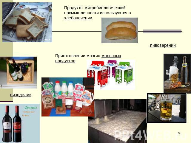 Продукты микробиологической промышленности используются в хлебопеченииПриготовлении многих молочных продуктов