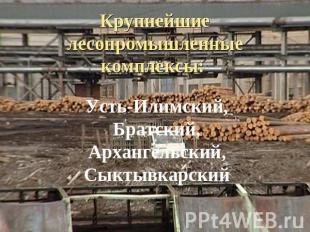 Крупнейшие лесопромышленные комплексы: Усть-Илимский,Братский,Архангельский,Сыкт