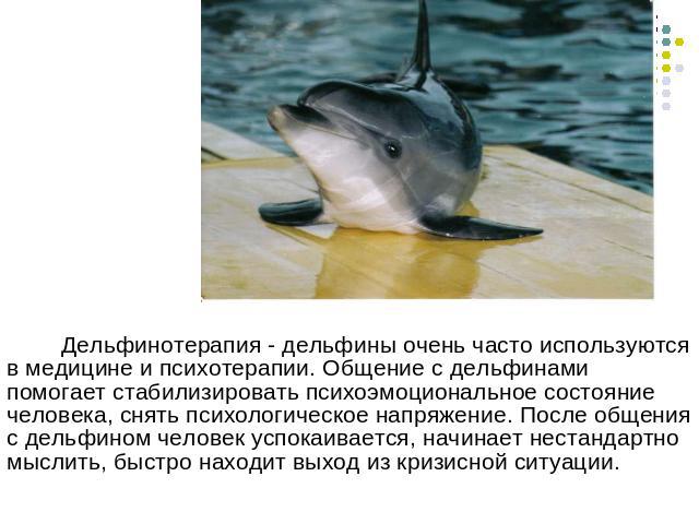 Дельфинотерапия - дельфины очень часто используются в медицине и психотерапии. Общение с дельфинами помогает стабилизировать психоэмоциональное состояние человека, снять психологическое напряжение. После общения с дельфином человек успокаивается, на…