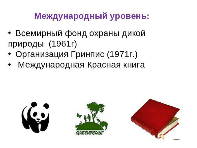 Международный уровень: Всемирный фонд охраны дикой природы (1961г)Организация Гринпис (1971г.) Международная Красная книга