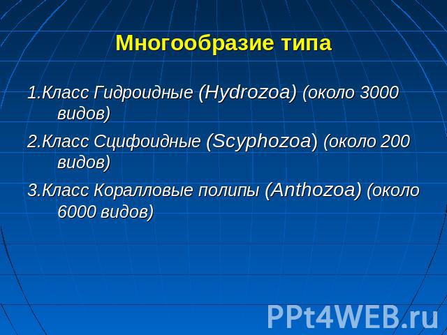Многообразие типа 1.Класс Гидроидные (Hydrozoa) (около 3000 видов)2.Класс Сцифоидные (Scyphozoa) (около 200 видов)3.Класс Коралловые полипы (Anthozoa) (около 6000 видов)