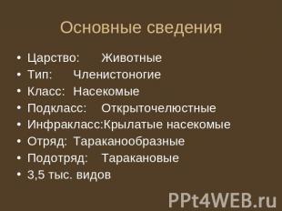 Основные сведения Царство:ЖивотныеТип:ЧленистоногиеКласс:НасекомыеПодкласс:Откры