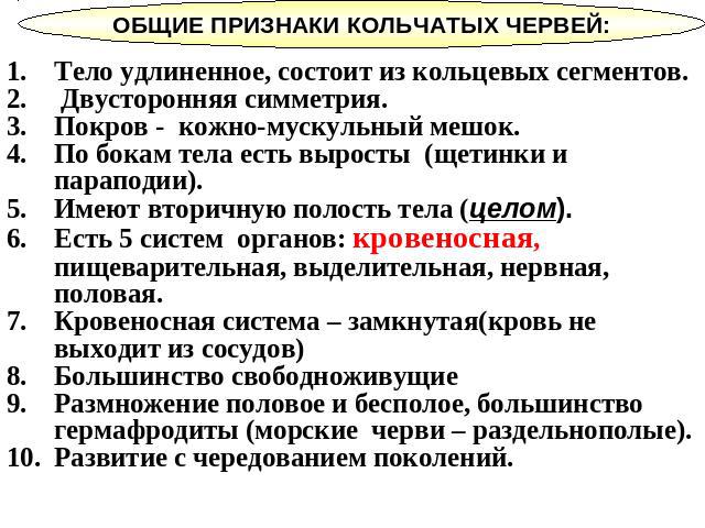 ОБЩИЕ ПРИЗНАКИ КОЛЬЧАТЫХ ЧЕРВЕЙ: Тело удлиненное, состоит из кольцевых сегментов. Двусторонняя симметрия.Покров - кожно-мускульный мешок.По бокам тела есть выросты (щетинки и параподии).Имеют вторичную полость тела (целом).Есть 5 систем органов: кро…