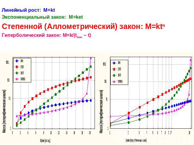Линейный рост: М=ktЭкспоненциальный закон: М=ketСтепенной (Аллометрический) закон: M=ktnГиперболический закон: M=k/(tmax – t)