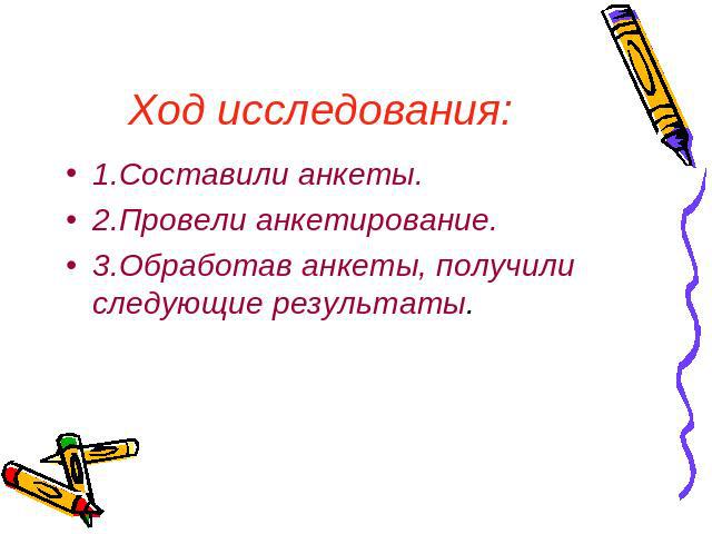 Ход исследования: 1.Составили анкеты.2.Провели анкетирование.3.Обработав анкеты, получили следующие результаты.