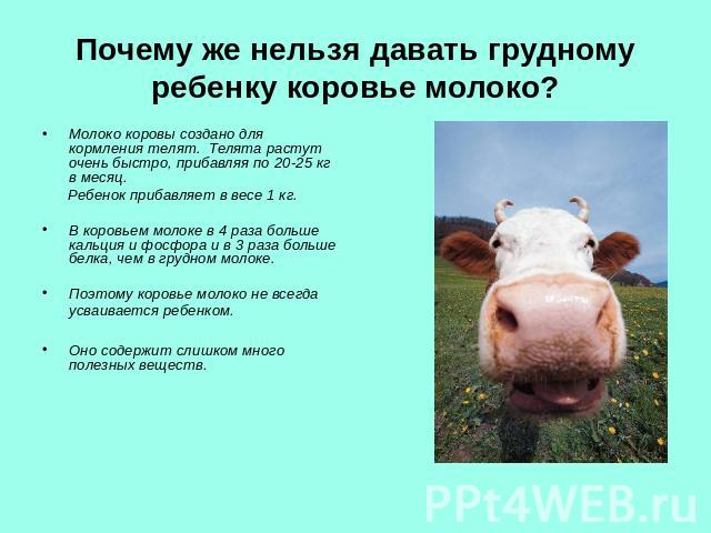 Почему же нельзя давать грудному ребенку коровье молоко? Молоко коровы создано для кормления телят. Телята растут очень быстро, прибавляя по 20-25 кг в месяц. Ребенок прибавляет в весе 1 кг. В коровьем молоке в 4 раза больше кальция и фосфора и в 3 …