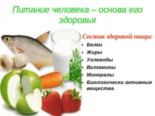 Питание человека – основа его здоровья Состав здоровой пищи:БелкиЖиры УглеводыВи