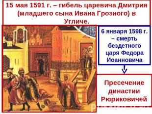 15 мая 1591 г. – гибель царевича Дмитрия (младшего сына Ивана Грозного) в Угличе