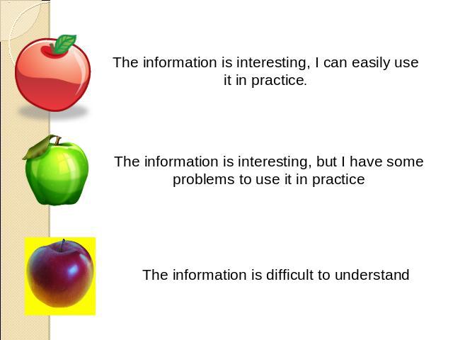 The information is interesting, I can easily use it in practice. The information is interesting, but I have some problems to use it in practice The information is difficult to understand