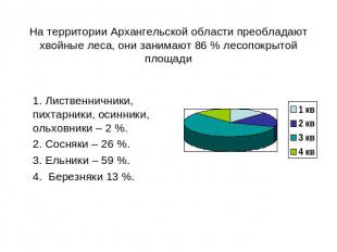 На территории Архангельской области преобладают хвойные леса, они занимают 86 %