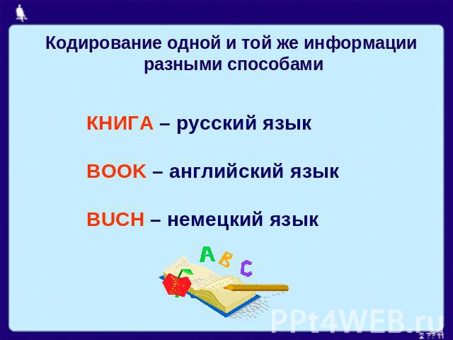 Кодирование одной и той же информации разными способами КНИГА – русский язык BOOK – английский язык BUCH – немецкий язык