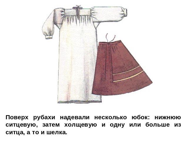 Поверх рубахи надевали несколько юбок: нижнюю ситцевую, затем холщевую и одну или больше из ситца, а то и шелка.