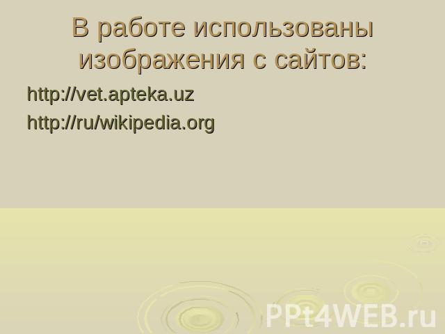 В работе использованы изображения с сайтов: http://vet.apteka.uz http://ru/wikipedia.org