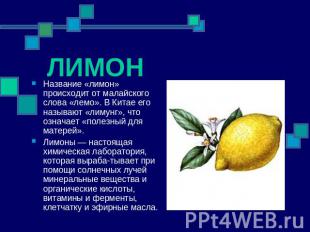 ЛИМОН Название «лимон» происходит от малайского слова «лемо». В Китае его называ