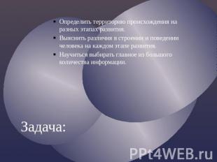 Определить территорию происхождения на разных этапах развития.Выяснить различия