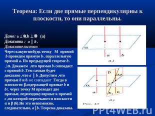 Теорема: Если две прямые перпендикулярны к плоскости, то они параллельны.Дано: a