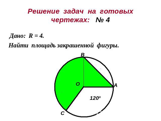 Решение задач на готовыхчертежах: № 4Дано: R = 4.Найти площадь закрашенной фигуры.