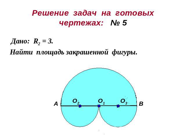 Решение задач на готовыхчертежах: № 5Дано: R2 = 3.Найти площадь закрашенной фигуры.