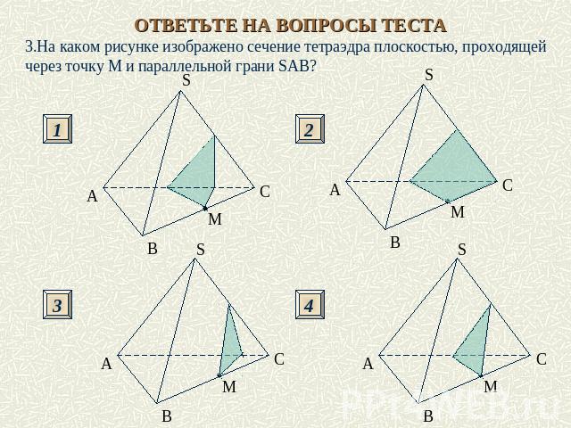 ОТВЕТЬТЕ НА ВОПРОСЫ ТЕСТА.На каком рисунке изображено сечение тетраэдра плоскостью, проходящей через точку М и параллельной грани SAВ?