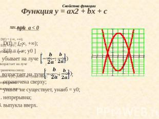 Функция у = ах2 + bх + сD(f) = (-∞, +∞); Е(f) = (-∞; у0 ] убывает на луче , возр