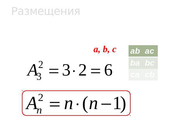 РазмещенияНиже написаны все размещения из 3 элементов a, b, с по 2: