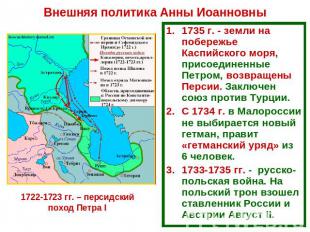 Внешняя политика Анны Иоанновны1735 г. - земли на побережье Каспийского моря, пр