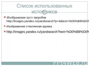 Список использованных источниковИзображение куст зверобояhttp://images.yandex.ru