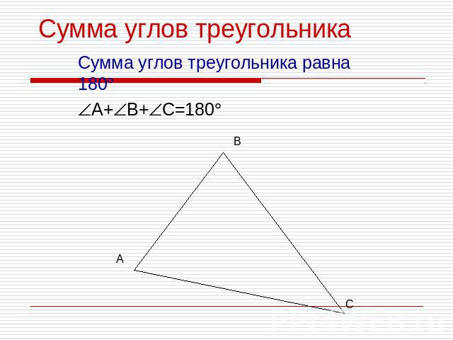 Сумма углов треугольникаСумма углов треугольника равна 180А+В+С=180