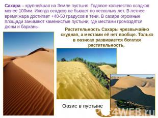 Сахара – крупнейшая на Земле пустыня. Годовое количество осадков менее 100мм. Ин