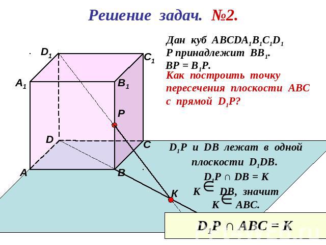 Решение задач. №2.Дан куб АВСDА1В1С1D1Р принадлежит ВВ1.Как построить точку пересечения плоскости АВС с прямой D1P?D1Р u DB лежат в однойплоскости D1DB. D1P ∩ DB = КК DB, значитК АВС.