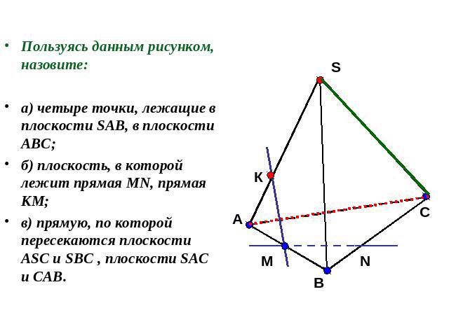Пользуясь данным рисунком, назовите:Пользуясь данным рисунком, назовите:а) четыре точки, лежащие в плоскости SAB, в плоскости АВС;б) плоскость, в которой лежит прямая MN, прямая КМ;в) прямую, по которой пересекаются плоскости ASC и SBC , плоскости S…
