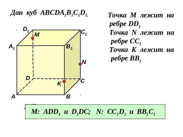 Дан куб АВСDA1B1C1D1.Точка М лежит на ребре DD1Точка N лежит на ребре CC1Точка K лежит на ребре BB1M: ADD1 и D1DC; N: CC1D1 и BB1C1