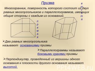 Призма Многогранник, поверхность которого состоит из двух равных многоугольников