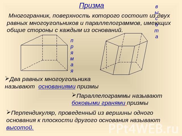 Призма Многогранник, поверхность которого состоит из двух равных многоугольников и параллелограммов, имеющих общие стороны с каждым из оснований.Два равных многоугольника называют основаниями призмыПараллелограммы называют боковыми гранями призмыПер…