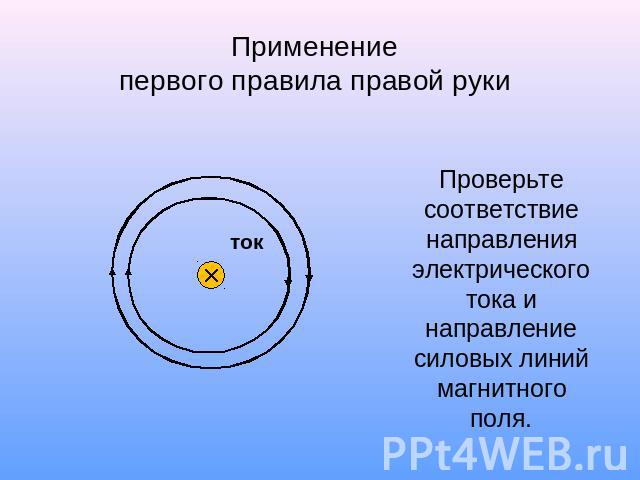 Применениепервого правила правой рукиПроверьте соответствие направления электрического тока и направление силовых линий магнитного поля.