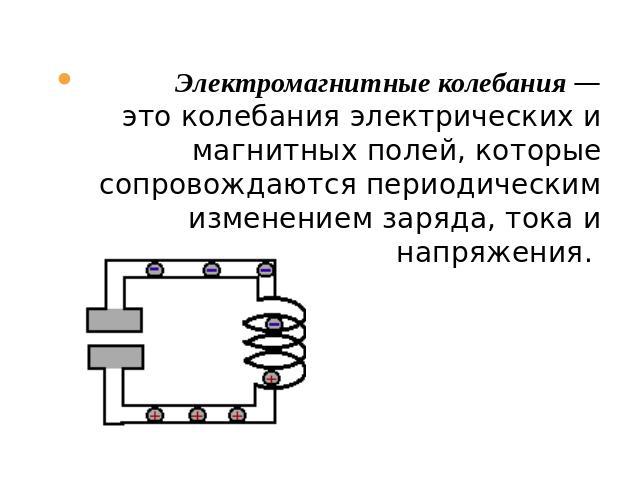 Электромагнитные колебания — это колебания электрических и магнитных полей, которые сопровождаются периодическим изменением заряда, тока и напряжения.