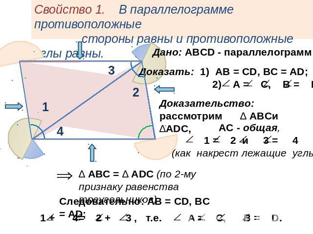Свойство 1. В параллелограмме противоположные стороны равны и противоположные углы равны.Дано: ABCD - параллелограммДоказать: 1) АВ = СD, BC = AD; 2) A = Доказательство: рассмотрим ∆ ABCи ∆ADC,накрест лежащие углы) ∆ АВС = ∆ ADC (по 2-му признаку ра…