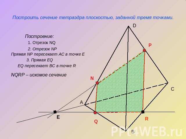 Построить сечение тетраэдра плоскостью, заданной тремя точками.
