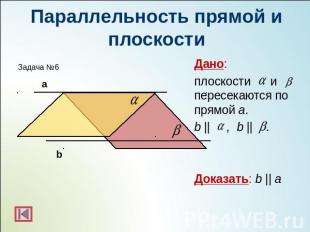 Параллельность прямой и плоскостиДано: плоскости и пересекаются по прямой а. b |