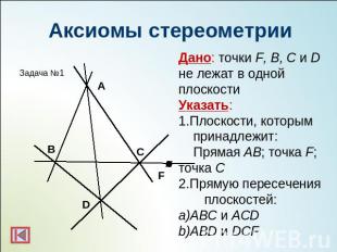 Аксиомы стереометрииДано: точки F, B, C и D не лежат в однойплоскостиУказать:Пло