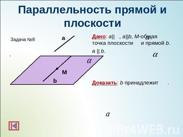 Параллельность прямой и плоскостиДано: а|| , a||b, M-общая точка плоскости и прямой b. а || b. Доказать: b принадлежит .