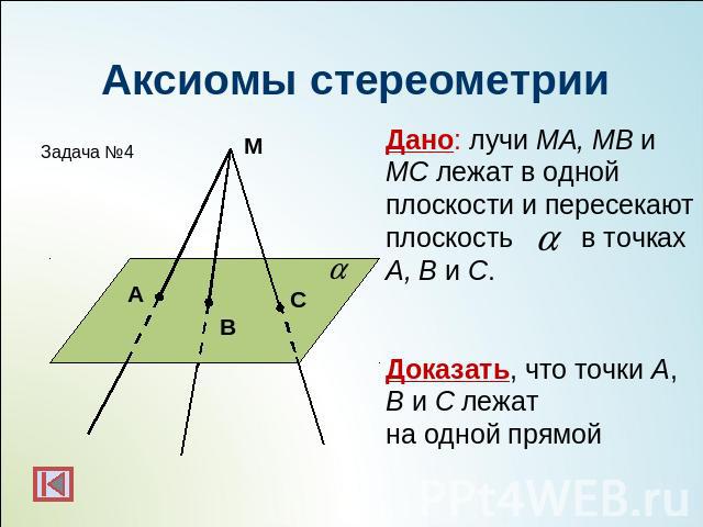 Аксиомы стереометрииДано: лучи MA, MB и MC лежат в одной плоскости и пересекают плоскость в точках A, B и C.Доказать, что точки A, B и C лежат на одной прямой