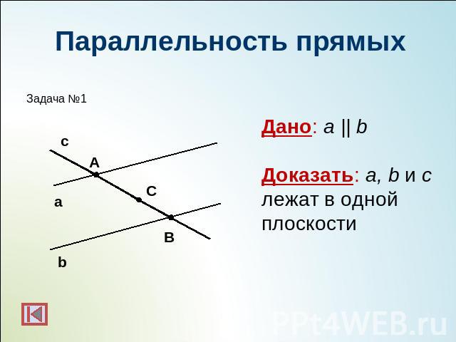 Параллельность прямыхДано: a || bДоказать: a, b и c лежат в одной плоскости