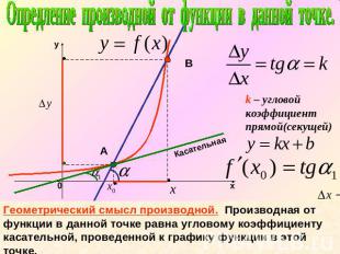Опредление производной от функции в данной точке.k – угловой коэффициент прямой(