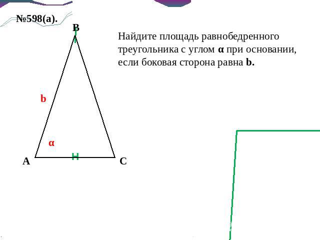 Найдите площадь равнобедренного треугольника с углом α при основании, если боковая сторона равна b.